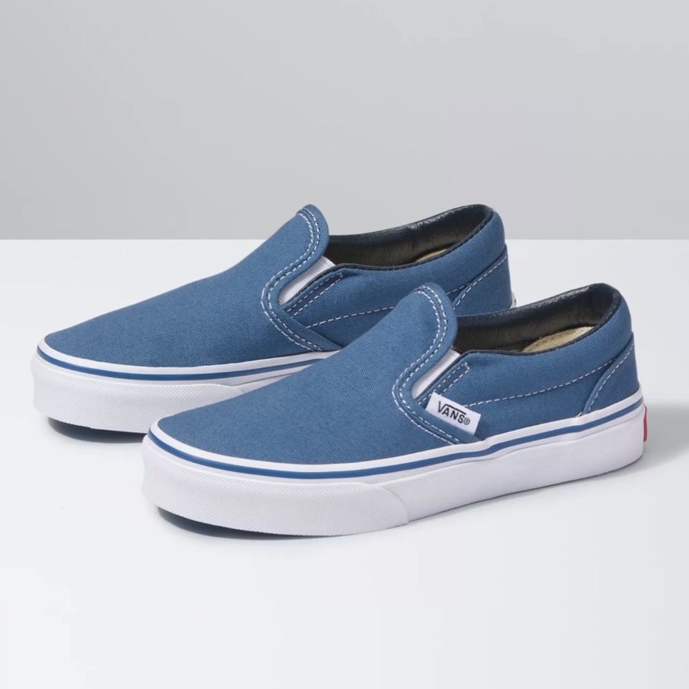 Vans kids blue canvas white slip on shoes sneakers